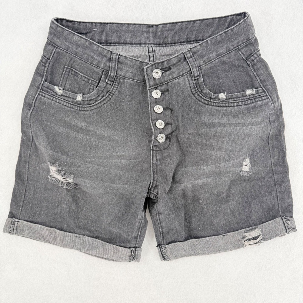 Grunge Tumblr Distress High Waist Denim‎ Shorts Button Gray Size L Mom Jean